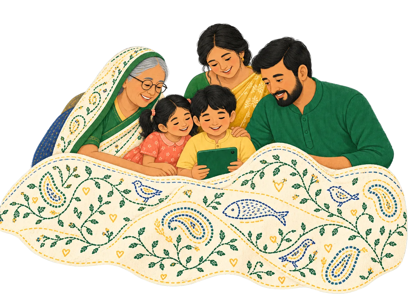 A family of five, grandmother, mother, father, a young girl and a young boy, smiling at a tablet under an embroidered nakshi kantha quilt